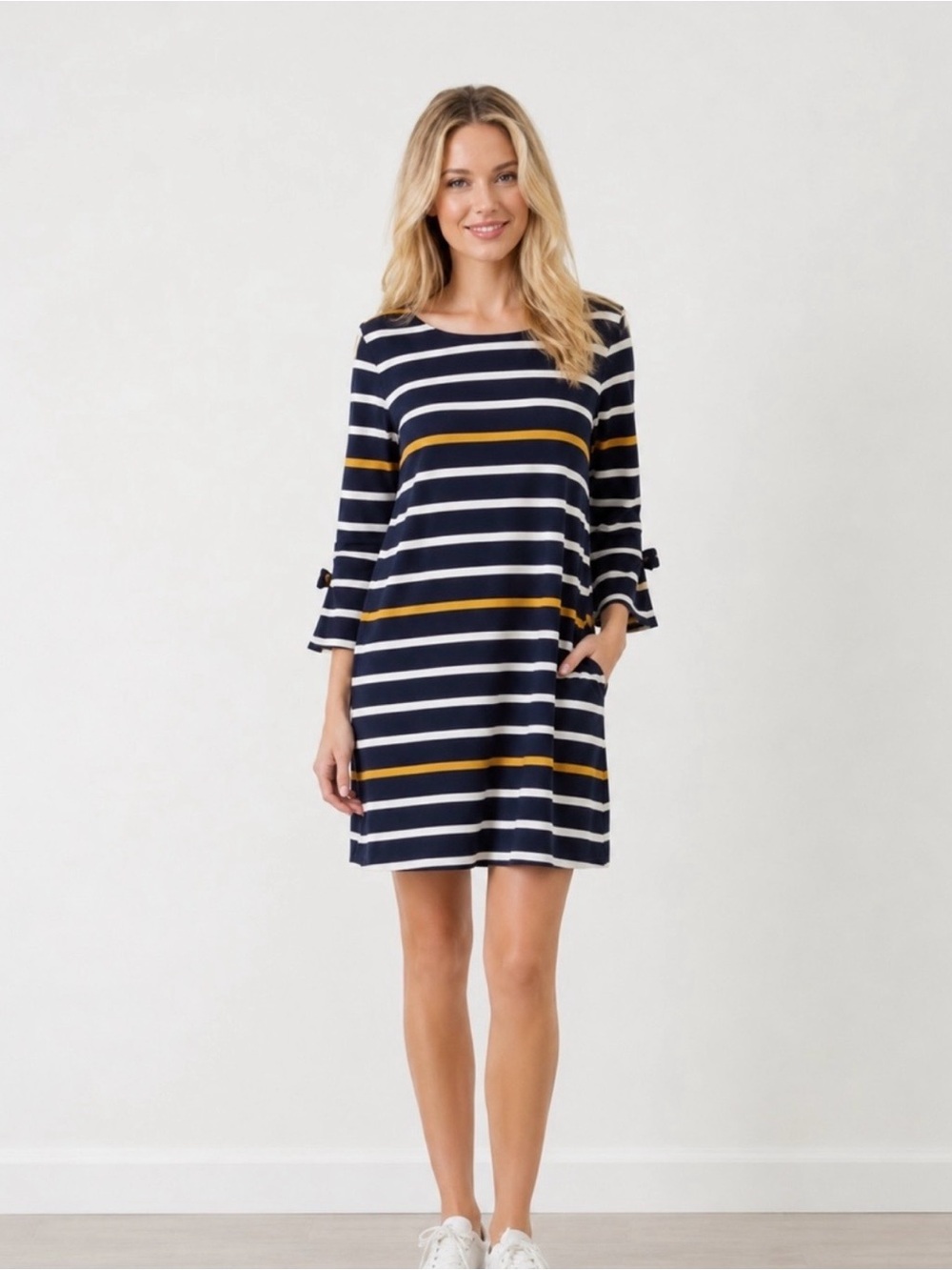 Ann Taylor Factory Navy, White & Mustard Striped Dress size M